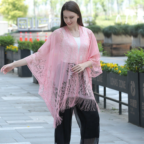 Lace fringed cardigan large shawl, sun protection shawl, women's