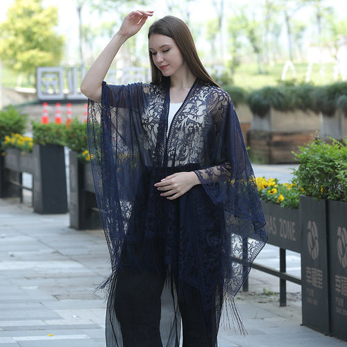 Lace fringed cardigan large shawl, sun protection shawl, women's