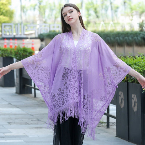 Lace fringed cardigan large shawl, sun protection shawl, women's
