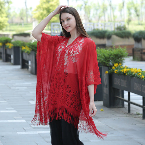 Lace fringed cardigan large shawl, sun protection shawl, women's