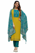 Mustard Kurta with Teal Shawl and Trousers
