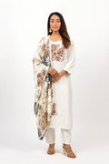 White Floral Kurta with Large Print Shawl